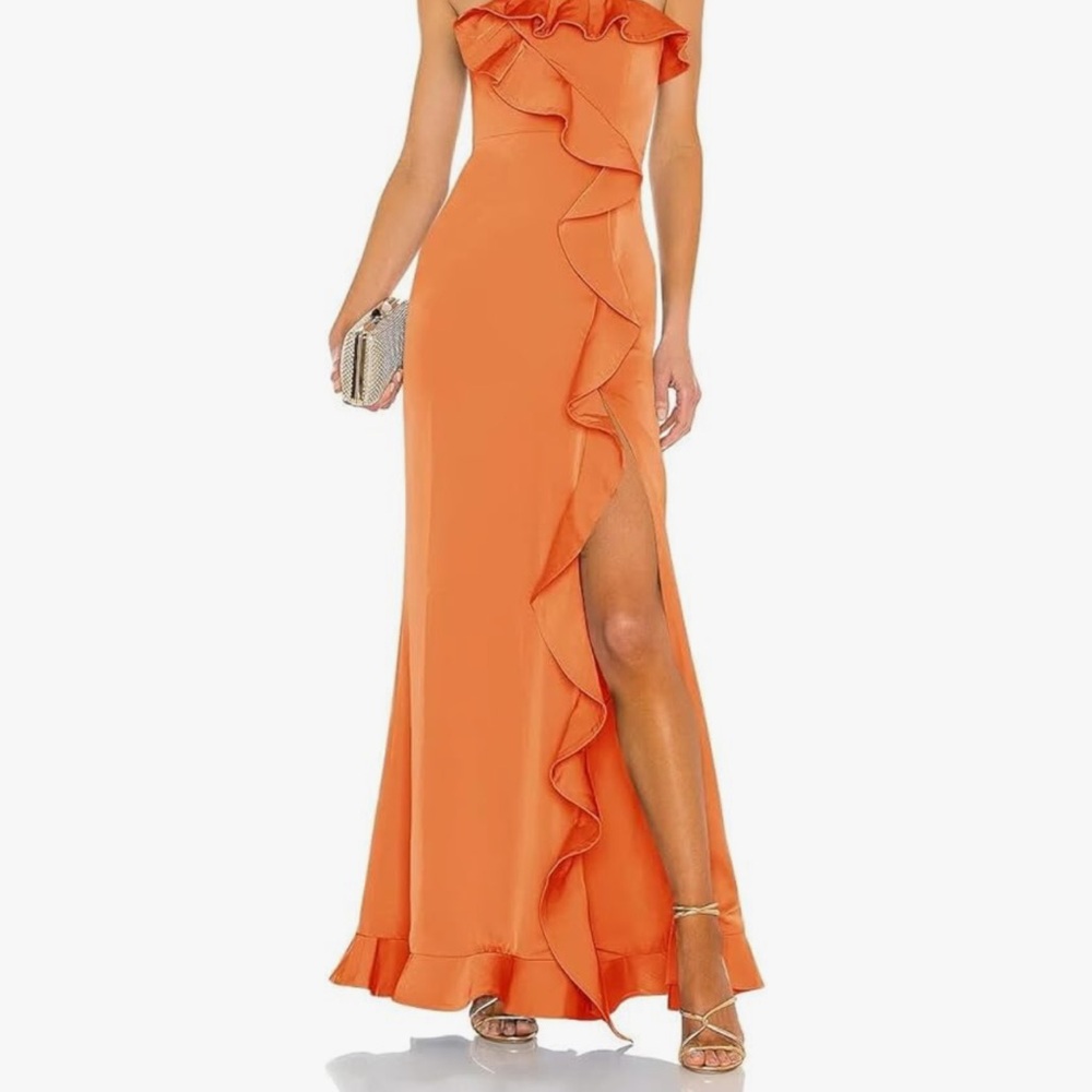 Orange Asymmetrical Ruffled One Shoulder Gown